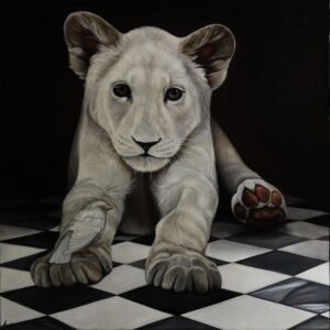 Albino Lion with a Bird — Original Oil Painting by Koko