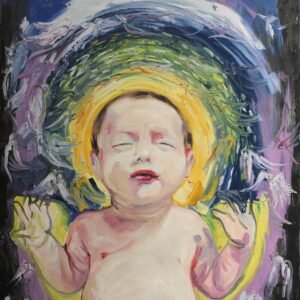 Newborn baby with closed eyes in a colorful oil painting titled Birth by Koko