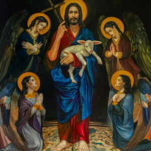 A religious oil painting depicting Jesus Christ surrounded by angels and sacred figures in a richly colored, symbolic composition.